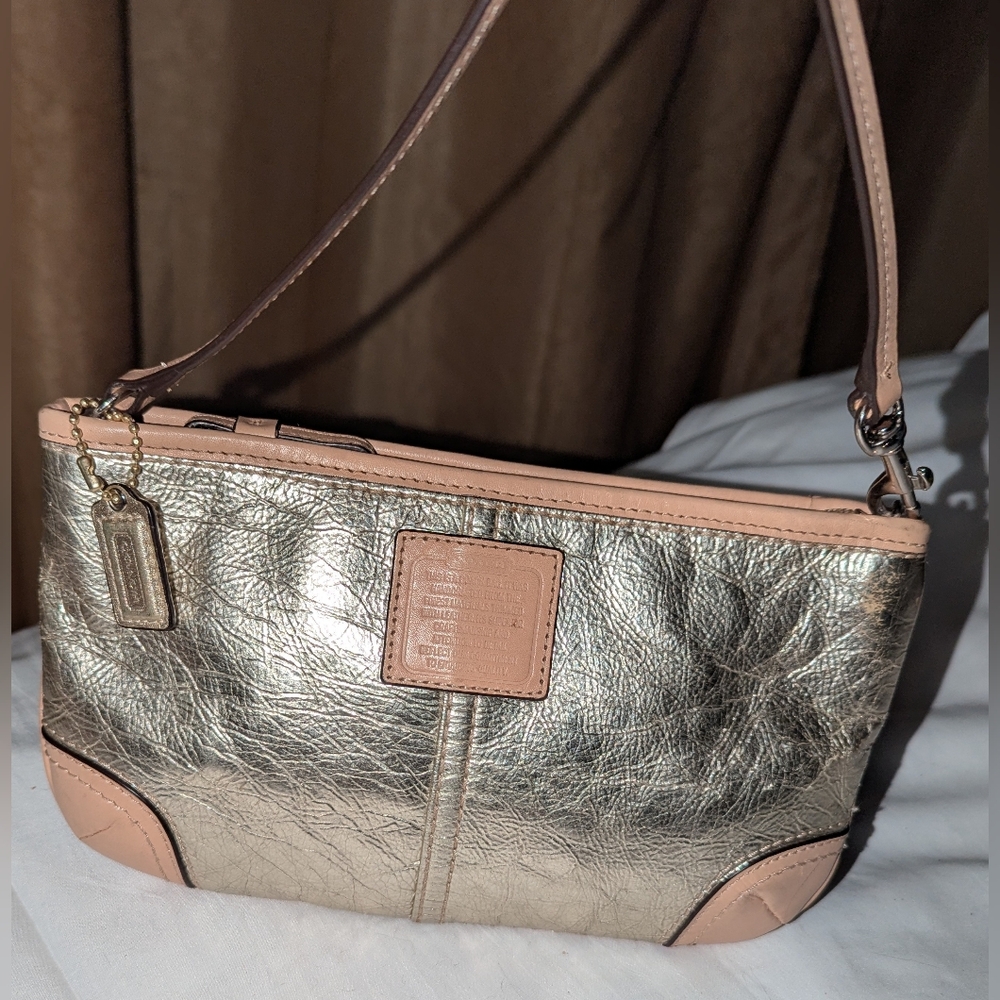 Coach Vintage Y2K Metallic Gold Leather Baquette Wristlet with Beige LeatherTrim